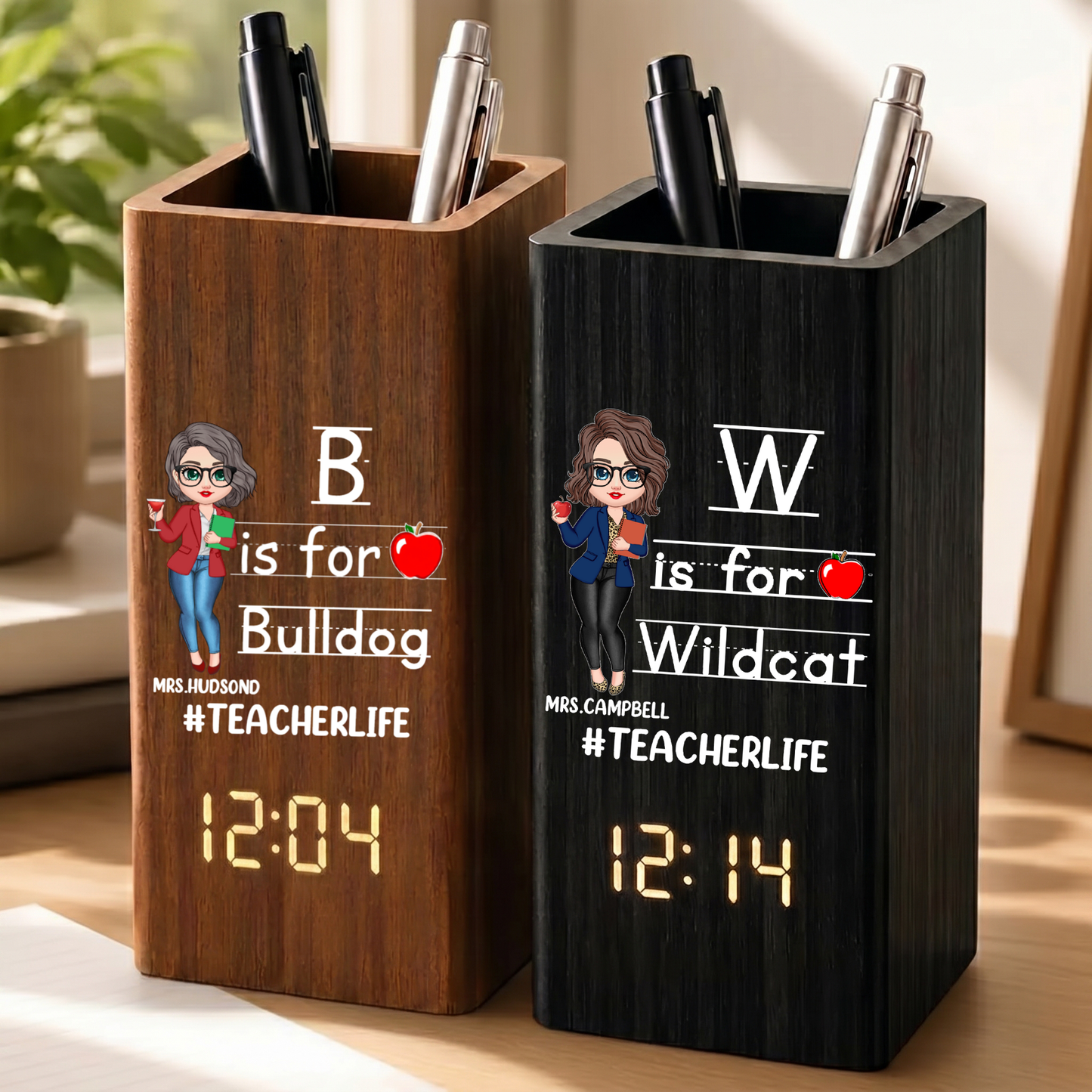 Custom Teacher Life Pen Holder With Clock, Personalized Classroom Desk Organizer, Back To School Teacher Gift Calendar Electronic Pen Holder