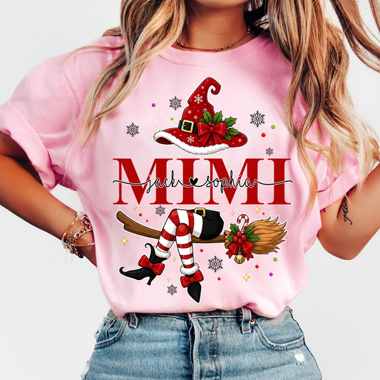 Funny Mimi Holiday Shirt, Christmas Santa Witch Legs Graphic Tee, Personalized Grandma T Shirt, Cute Winter Gift for Women