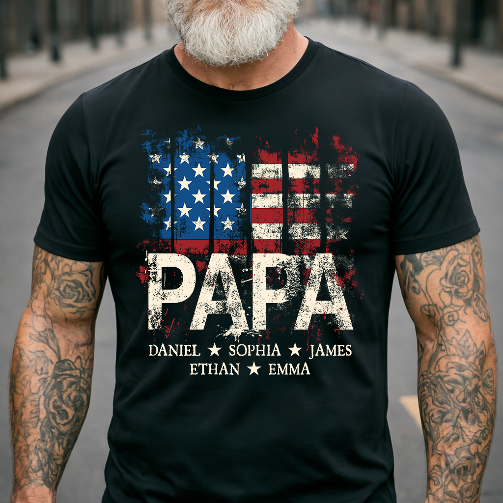 Custom Papa Shirt with Distressed USA Flag – Personalized Father Gift Featuring Grandkids or Kids Names
