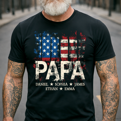 Custom Papa Shirt with Distressed USA Flag – Personalized Father Gift Featuring Grandkids or Kids Names