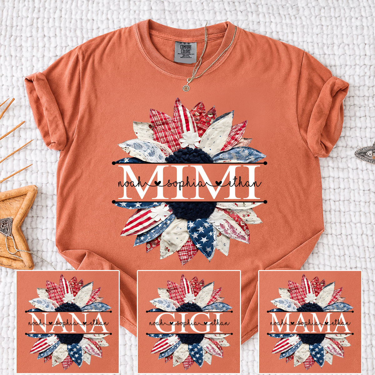 Comfort Colors Mimi Patchwork Floral Shirt with Custom Grandkids Names, Personalized Family Tee