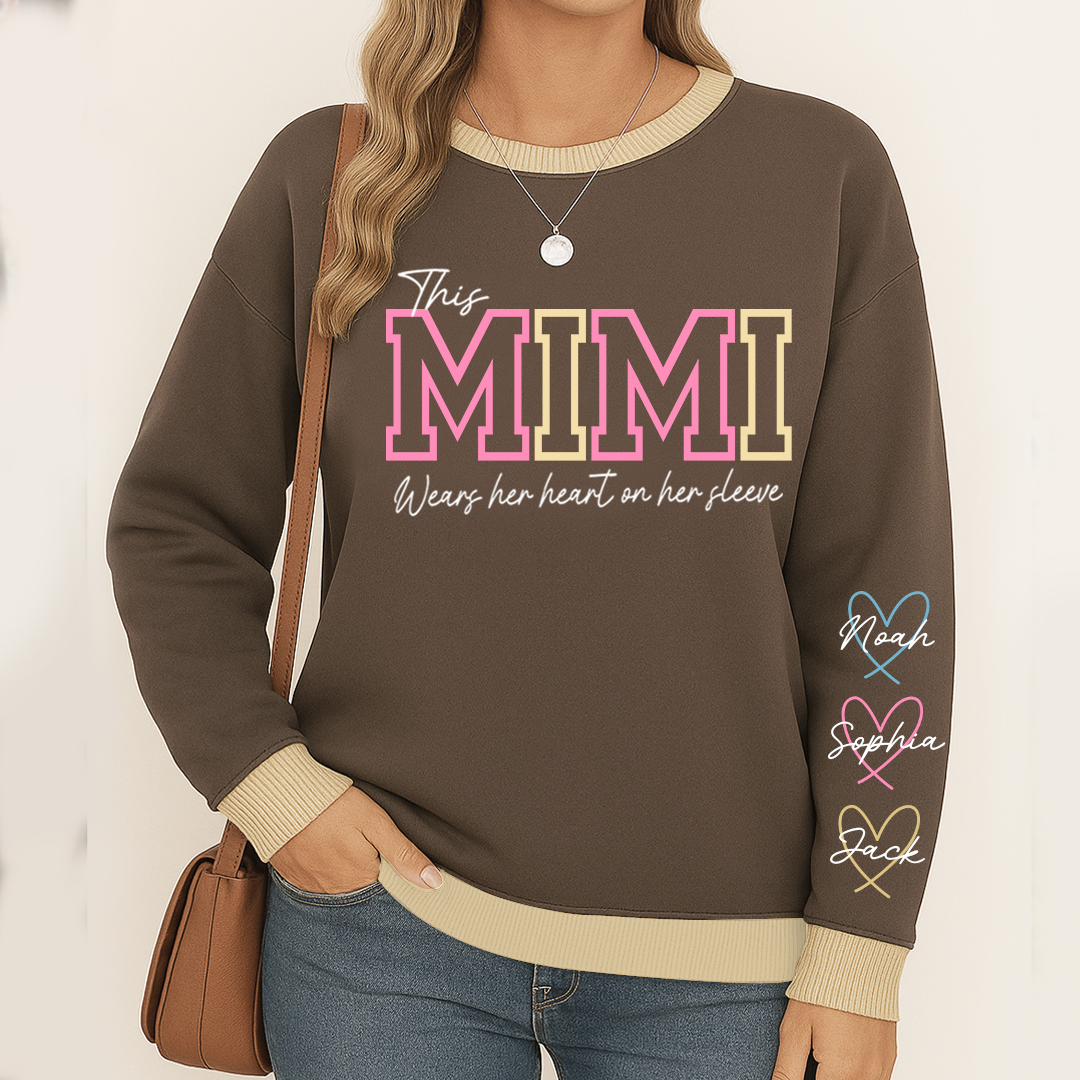 This Mimi Wears Her Heart On Her Sleeve – Personalized Sweatshirt with Grandkids’ Names, Custom Gift for Grandma, Nana & Gigi