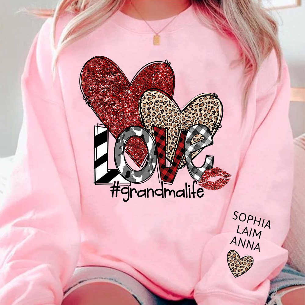 Custom Grandma Life Love Sweatshirt, Leopard & Glitter Heart Design For Grandma And Kids