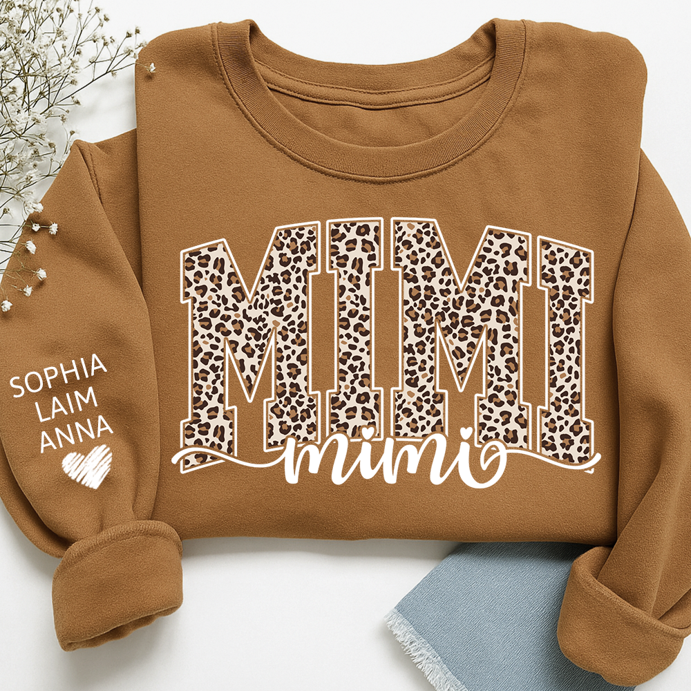 Personalized Mimi Leopard Print Sweatshirt, Custom Grandkids’ Names on Sleeve, Heart Detail