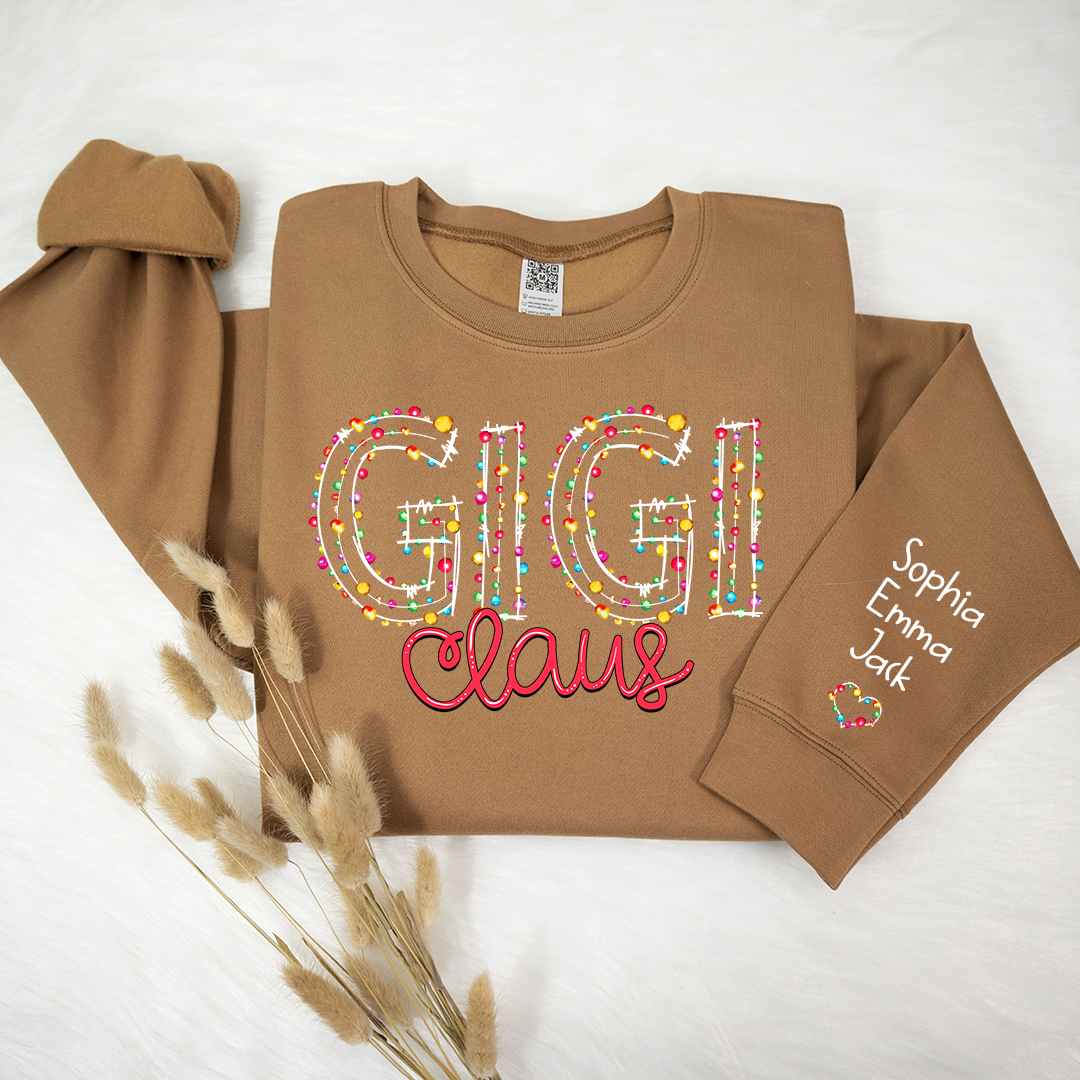 Personalized Gigi Claus Christmas lights And Grandkids Christmas Merry Sweatshirt