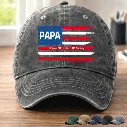 Personalized Papa American Flag Hat Custom Kids Names Baseball Cap Gift For Dad Grandpa Father’s Day Patriotic Adjustable Navy Blue Cap
