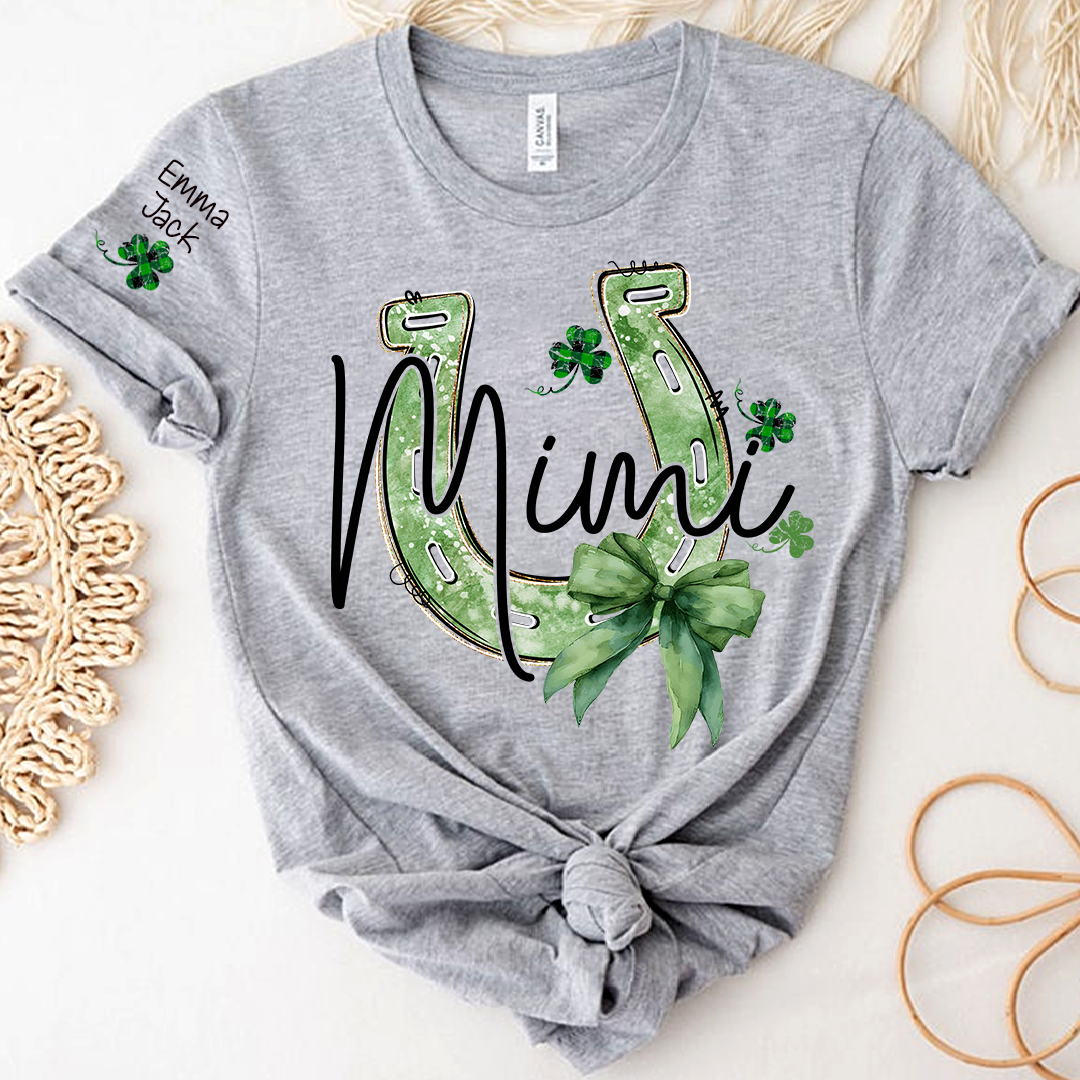 Mimi St Patrick’s Day Shirt, Lucky Horseshoe Shamrock Family T Shirt, With Grandma And Kids Names