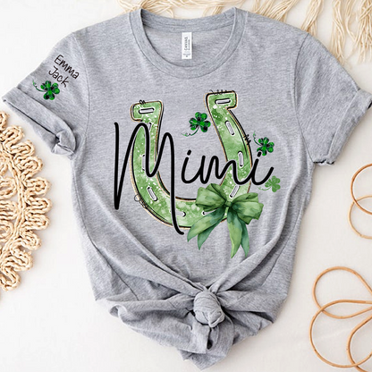 Mimi St Patrick’s Day Shirt, Lucky Horseshoe Shamrock Family T Shirt, With Grandma And Kids Names