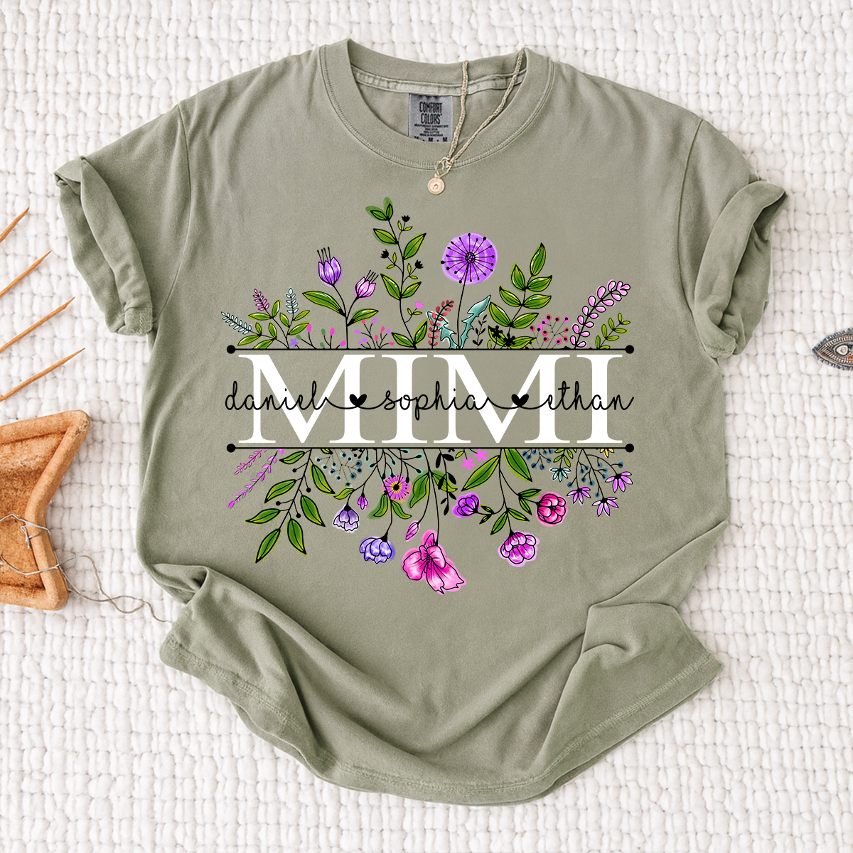 Comfort Colors Custom Mimi Shirt, Floral Graphic with Personalized Grandkids Names, Perfect Gift for Grandma
