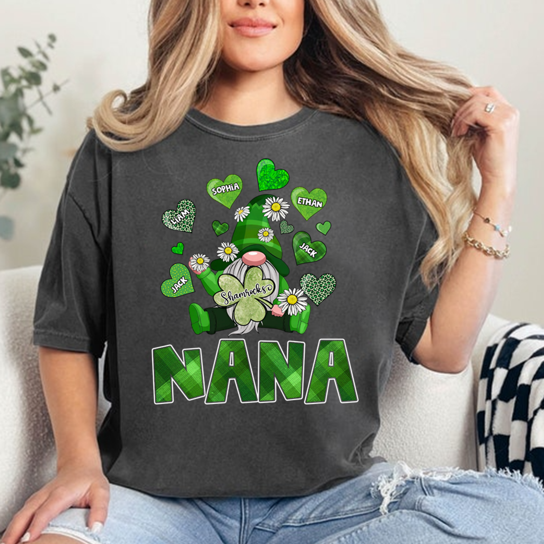 Nana Shamrock Shirt for St Patrick’s Day, Personalized Family Gnome T Shirt, for Grandma and Kids