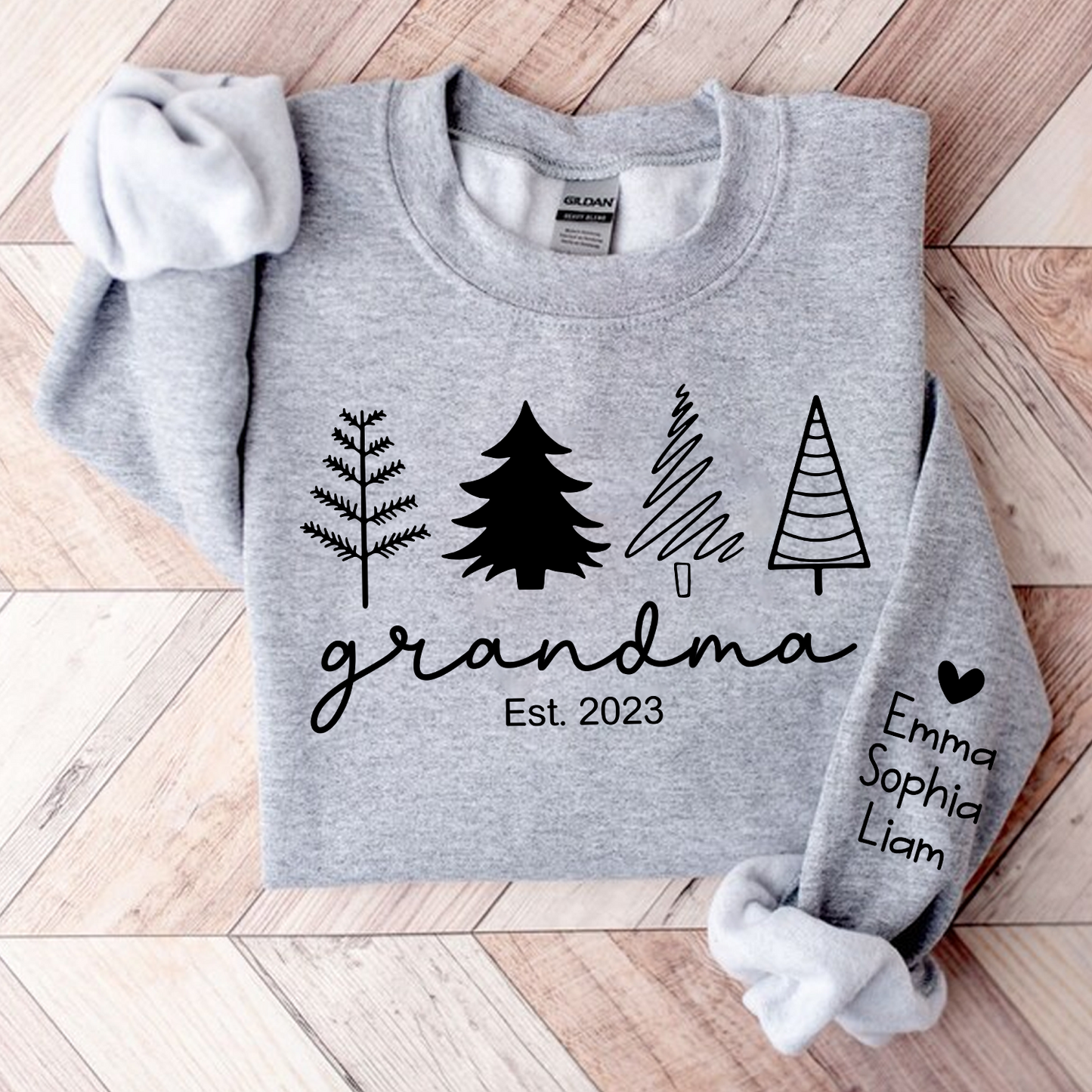 Christmas Tree Sweatshirt, Custom Grandma Est & Kids, Grandma Gift TH Sweatshirt