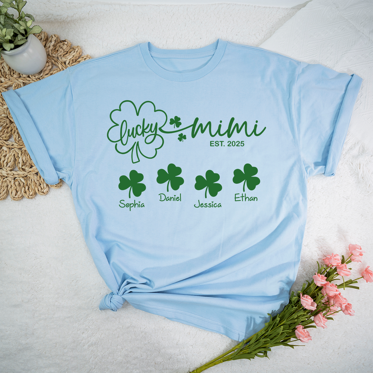 Lucky Mimi EST 2025 Shirt, Personalized Grandma Family Shirt with Names, St Patricks Day Shamrock Gift for Mimi
