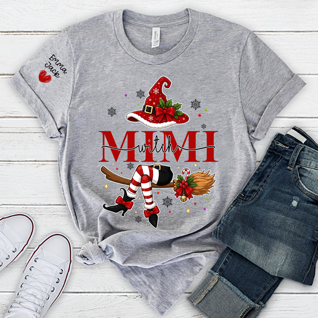 Mimi Christmas Shirt for Women, Cute Holiday Santa Witch Design Tee, Personalized Grandma Family Gift T Shirt