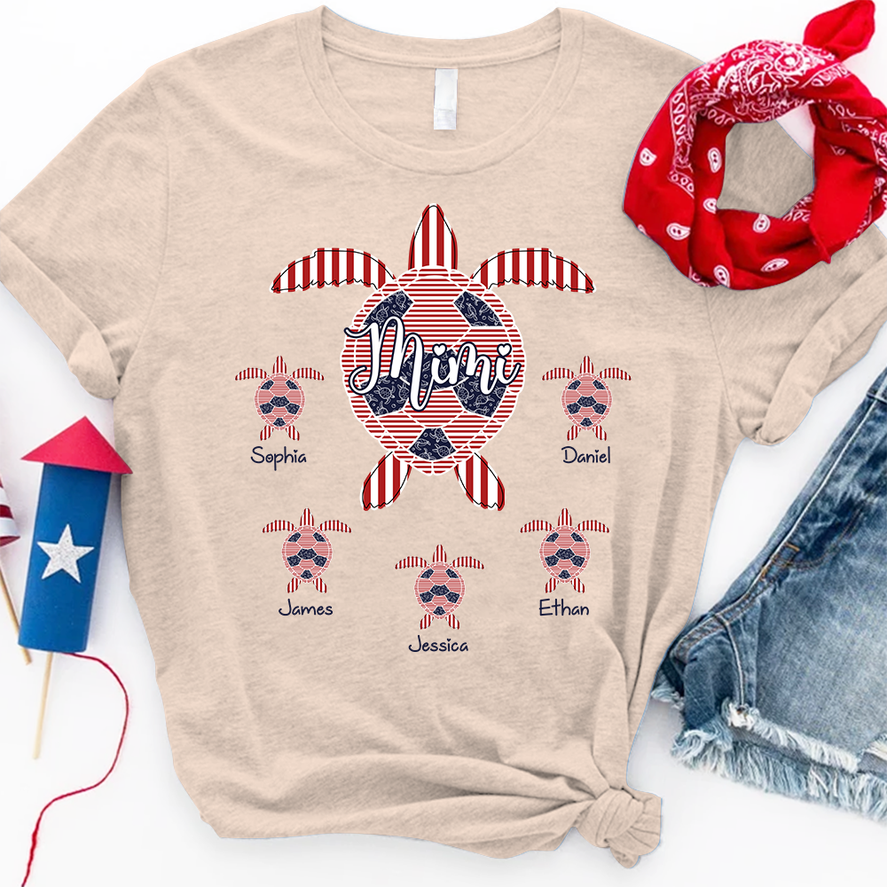 Personalized Mimi Sea Turtle Shirt with Grandkids Names, Custom Coastal Family Tee, Patriotic Beach Turtle Shirt for Women