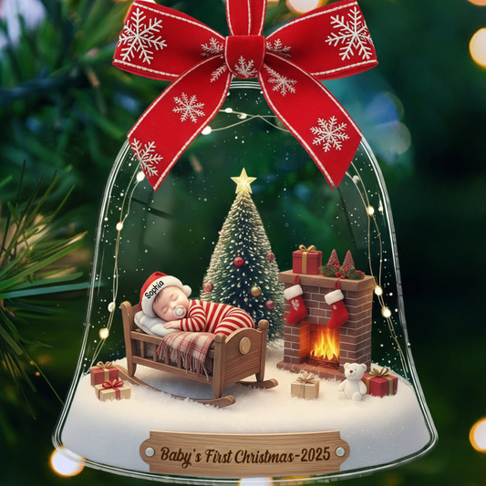 Baby’s First Christmas Ornament 2025 – Personalized Ornament with Sleeping Baby in Crib, Custom Name Christmas Gift Ornament