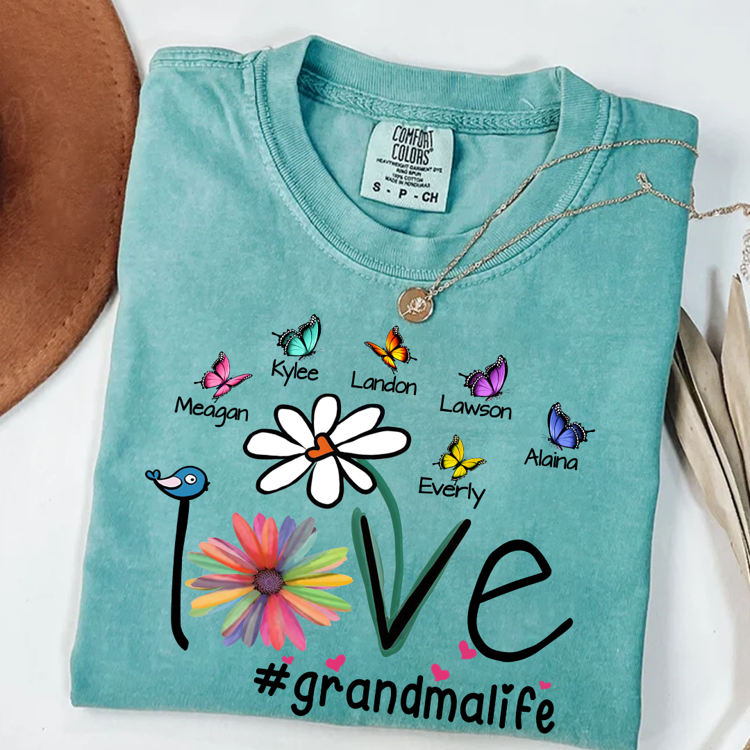 Comfort Colors® Love Grandma Butterfly T-Shirt, Custom Grandma With Grandkids Shirt