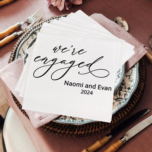 We're Engaged Napkins Engagement Party Decorations Custom Wedding Napkins Cocktail With Name Napkins Rehearsal Dinner Custom Wedding Napkins