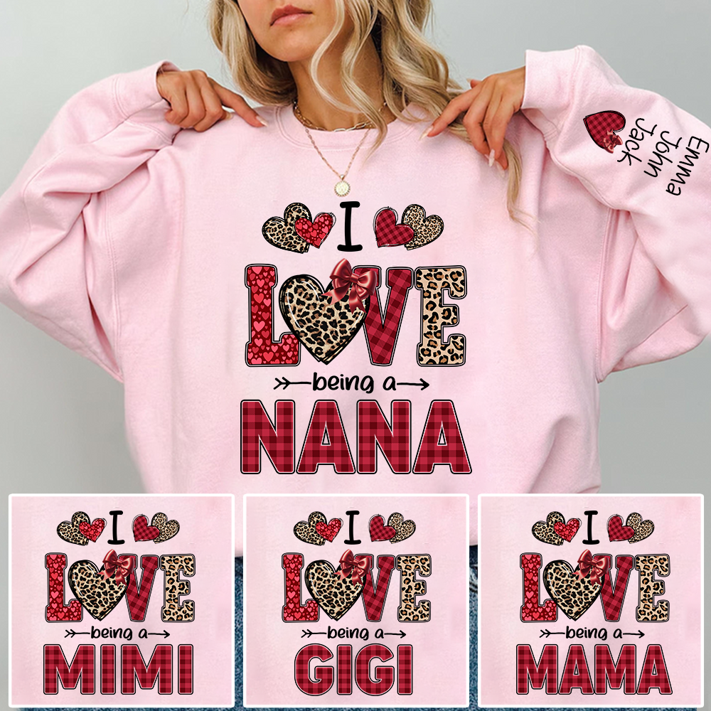 I Love Being a Nana Sweatshirt, Leopard and Plaid Heart Valentine Family Crewneck