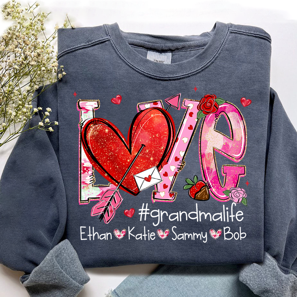 Custom Grandma Life Love Sweatshirt, Heart Patchwork Valentine Gift For Grandma And Kids