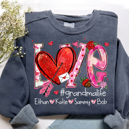 Custom Grandma Life Love Sweatshirt, Heart Patchwork Valentine Gift For Grandma And Kids