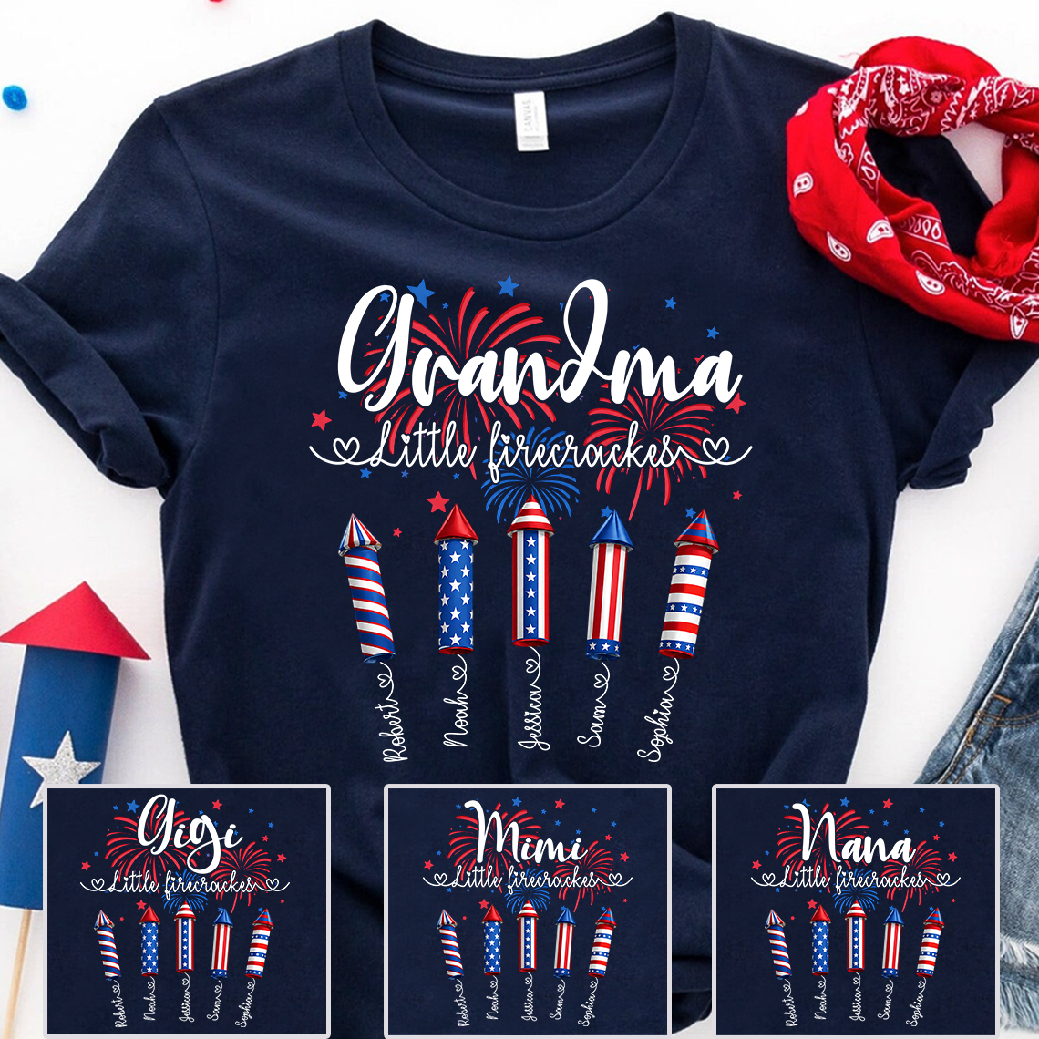 Grandma Little Firecrackers Shirt Patriotic Fireworks Family T Shirt for 4th of July