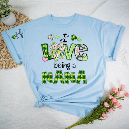 Personalized Patrick’s Day Nana Shirt, I Love Being a Nana Shamrock Design, Custom Grandma Shirt with Kids Names
