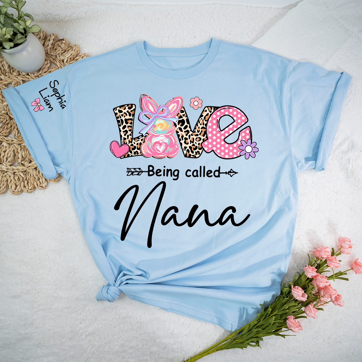 Love Being Called Nana Shirt, Cute Bunny Nana Graphic T Shirt With Leopard Print