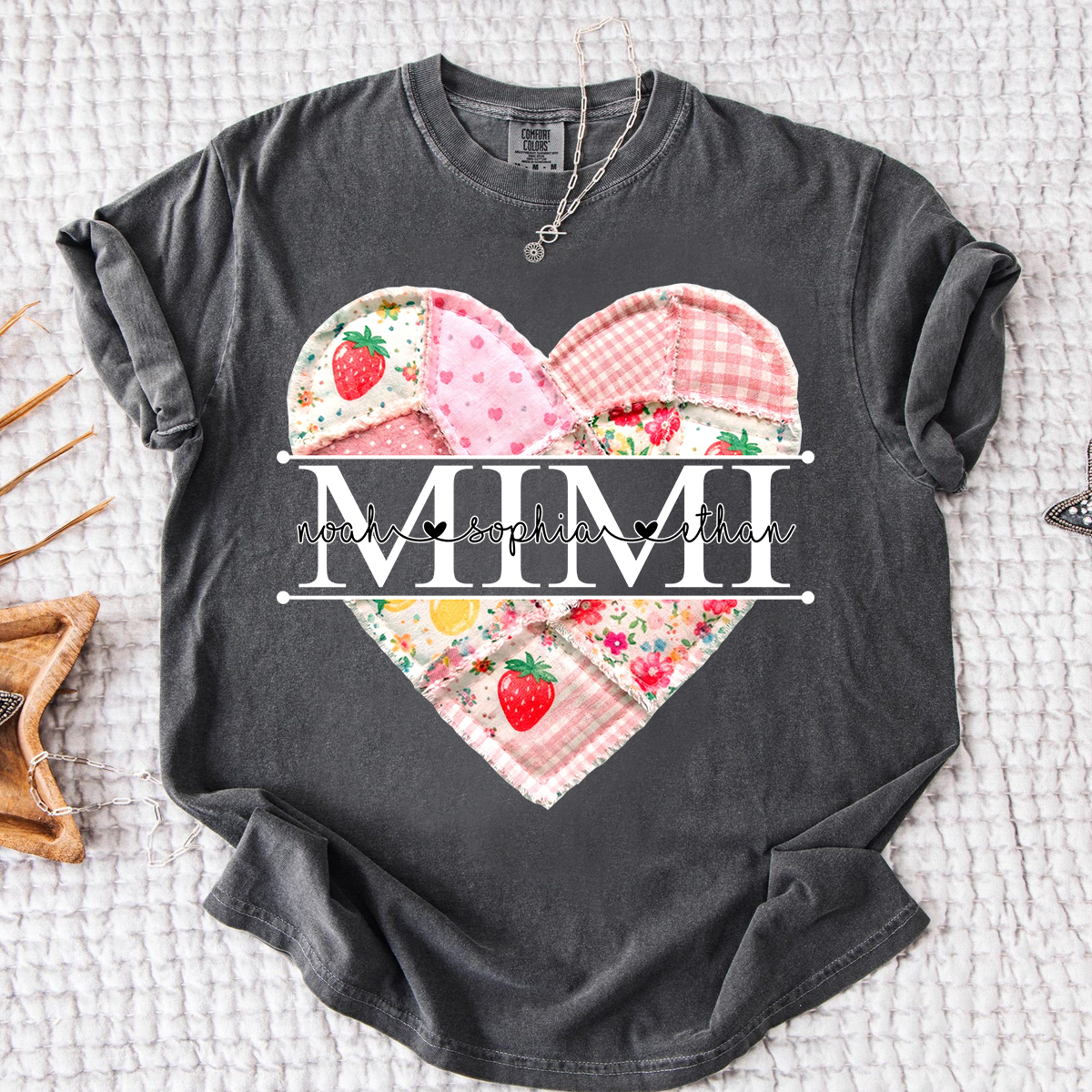 Comfort Colors® Personalized Mimi Heart Patch T-Shirt for Grandma, Custom Family Names Tee