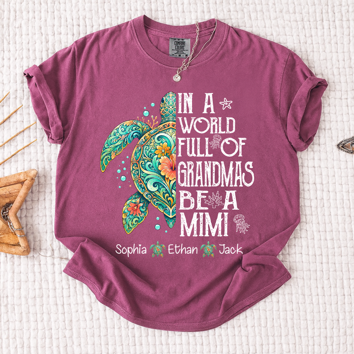 Cute Mimi Turtle Shirt for Women, Personalized Family Names T Shirt, Coastal Sea Life Graphic Tee, Gift for Grandma from Kids