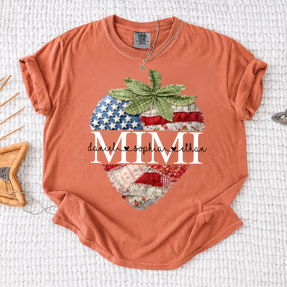 Comfort Colors Mimi Custom Family Tee, Faux Quilted Strawberry 4th of July Grandma T-Shirt, Patriotic American Flag Berry Graphic, Summer Gift for Grandma, Independence Day Shirt