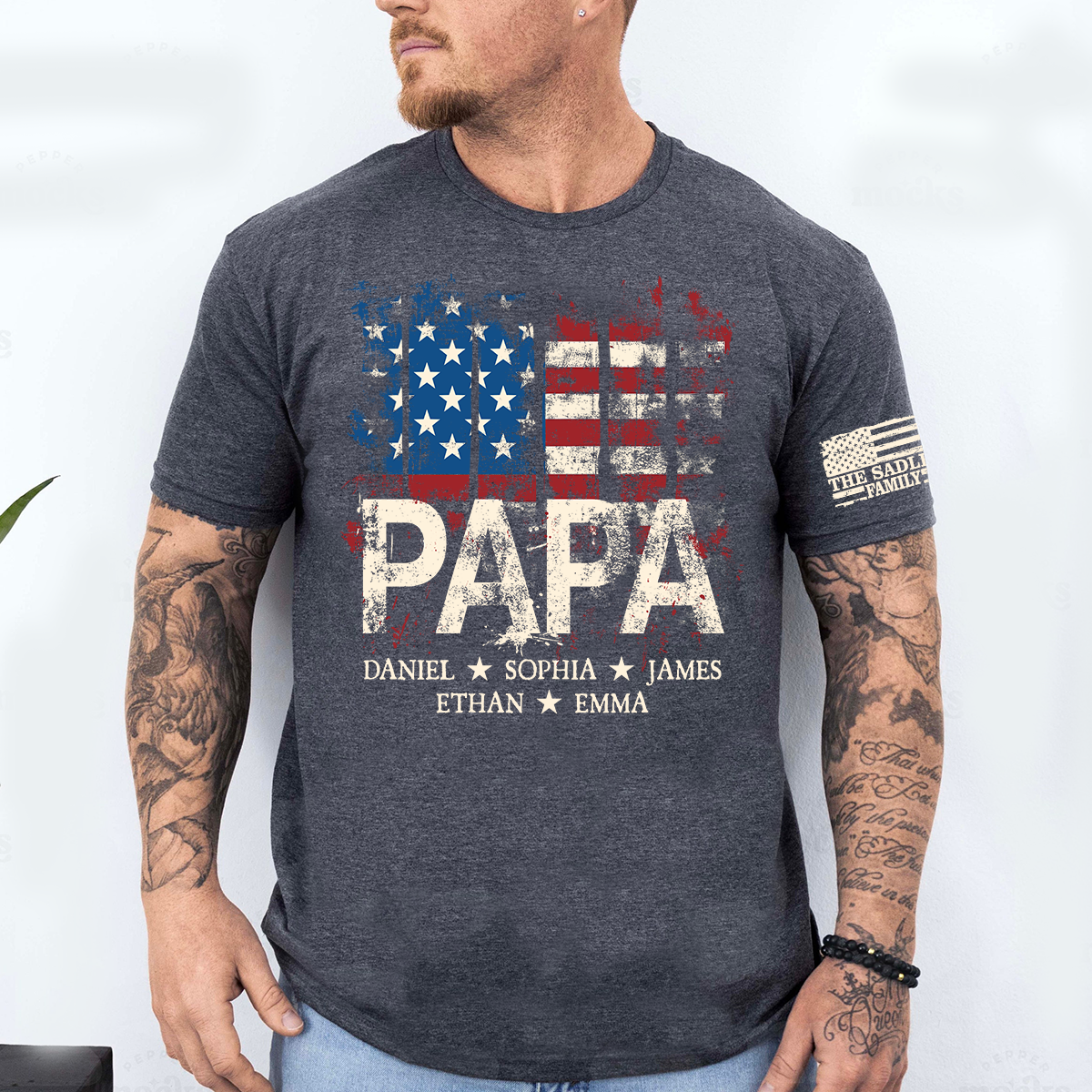 Personalized Papa Shirt for 4th of July – American Flag Custom Dad Gift with Family Name and Kids Names
