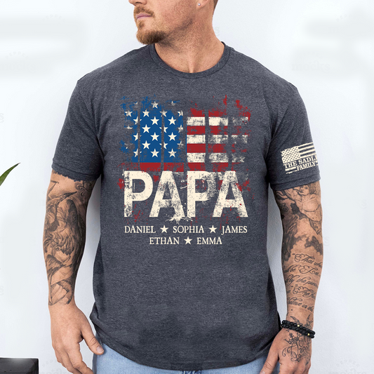 Personalized Papa Shirt for 4th of July – American Flag Custom Dad Gift with Family Name and Kids Names