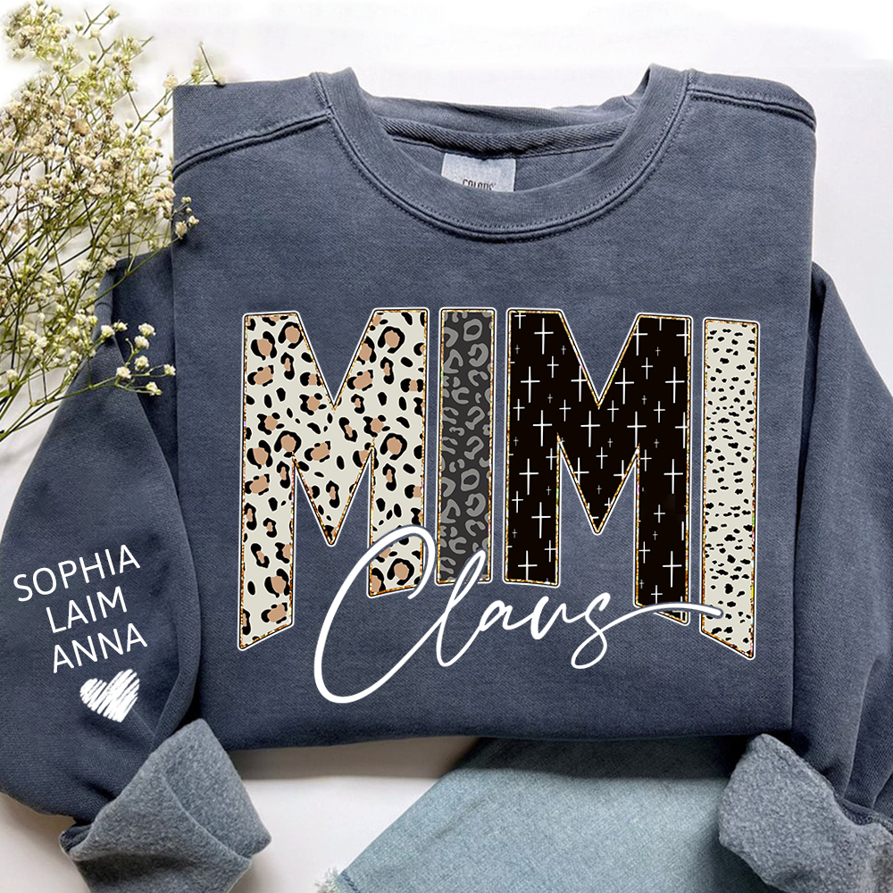 Personalized Mimi Claus Leopard Sweatshirt – Custom Bible Style Design, Unique Gift for Grandma and Her Grandkids