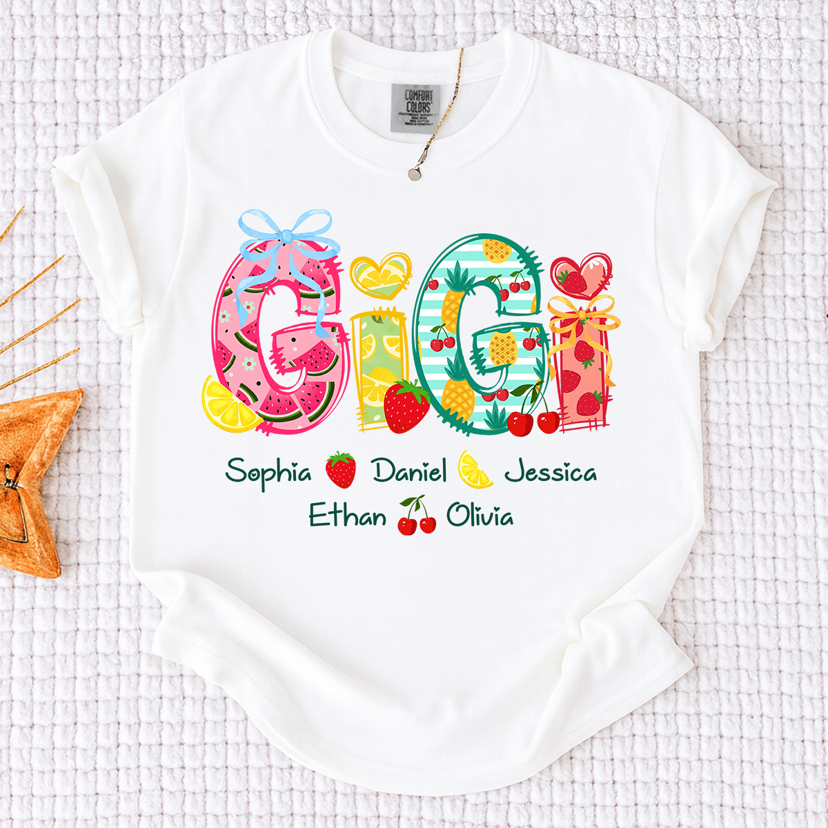 Comfort Colors Custom Gigi Shirt for Grandma, Personalized Family Name T Shirt, Summer Fruit Graphic Tee with Kids Names