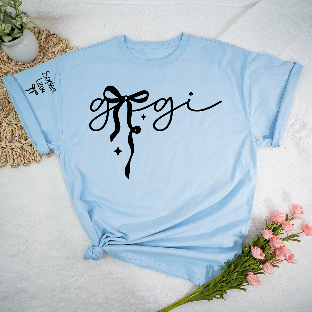 Gigi Script Bow T Shirt, Modern Minimal Grandma Shirt, Personalized Name on Sleeve, Soft Casual Gift for Gigi Grandma