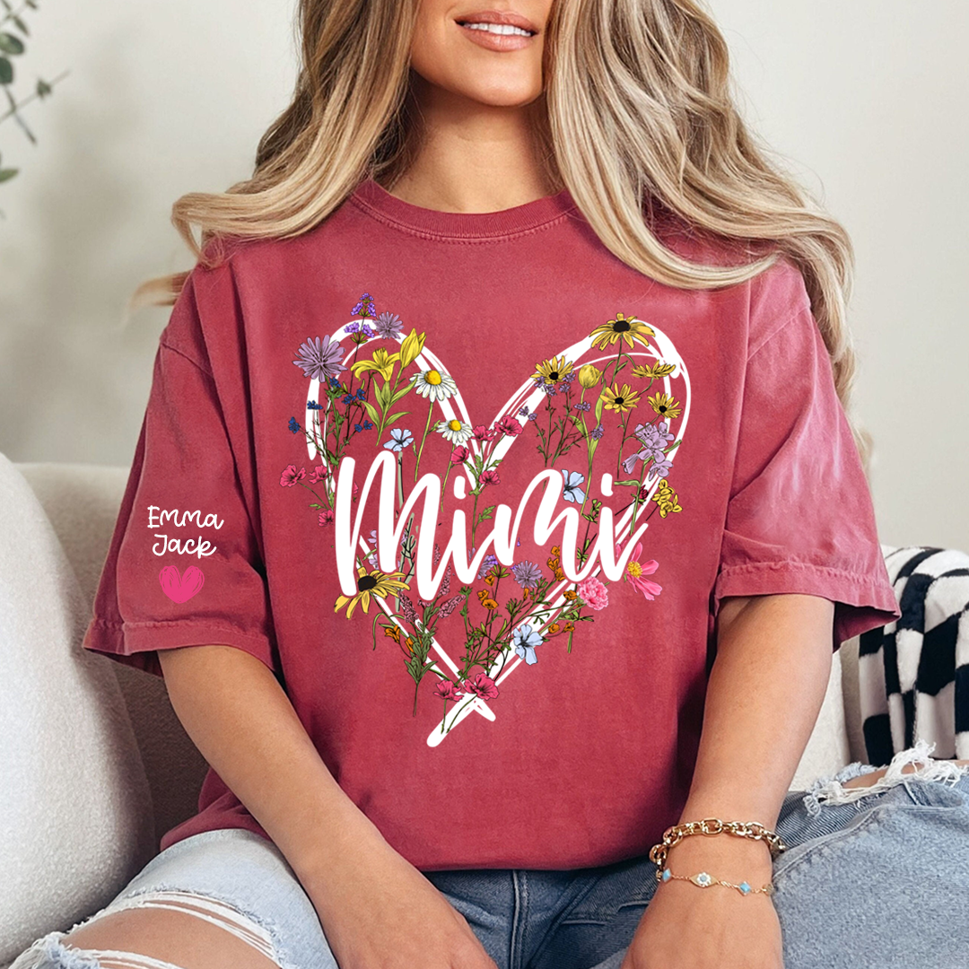 Personalized Mimi Shirt with Grandkids Names, Floral Heart Design Family Tee