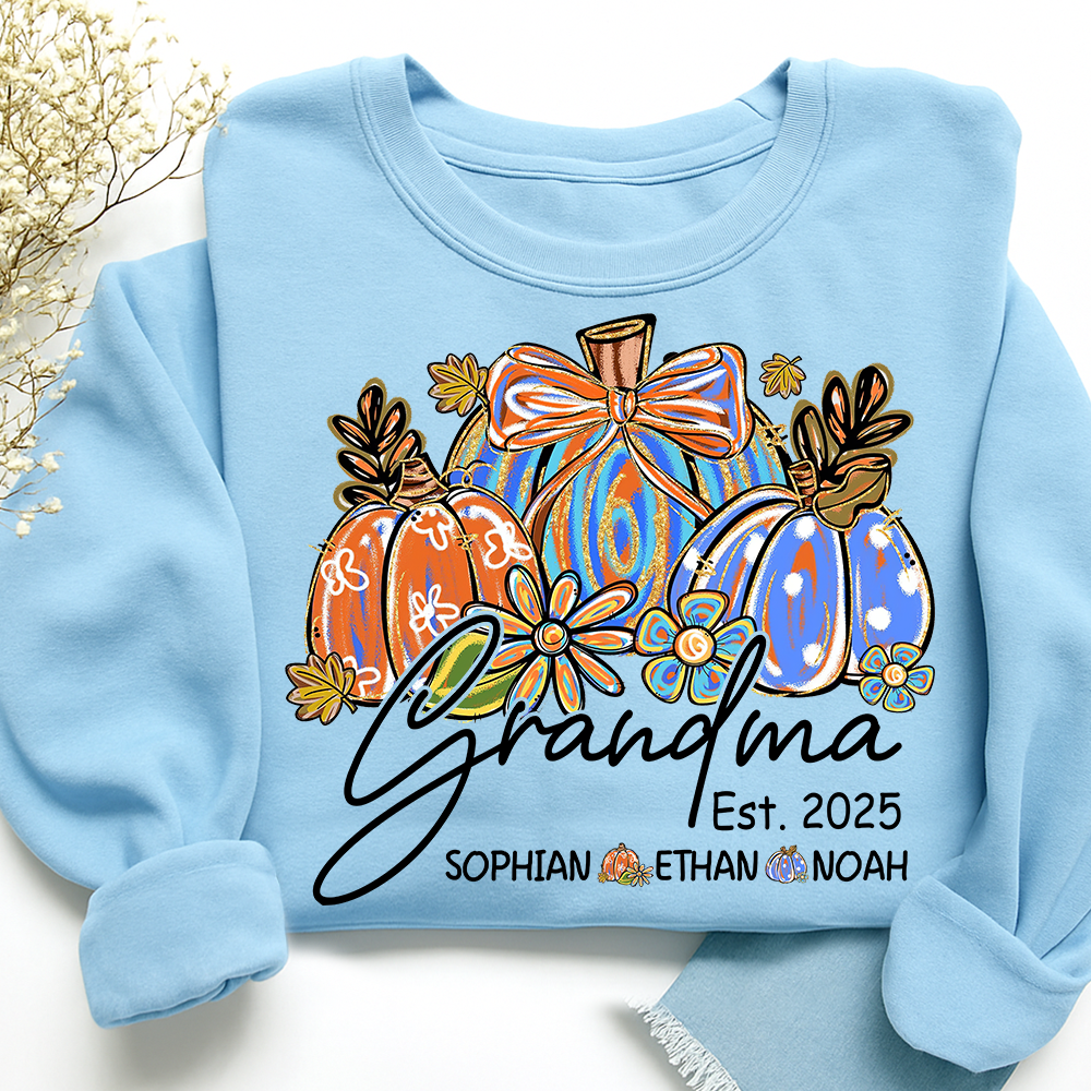 Fall Pumpkin Print Sweatshirt with Pumpkin Brush Pattern, Custom Gifts for Grandma and Grandchild