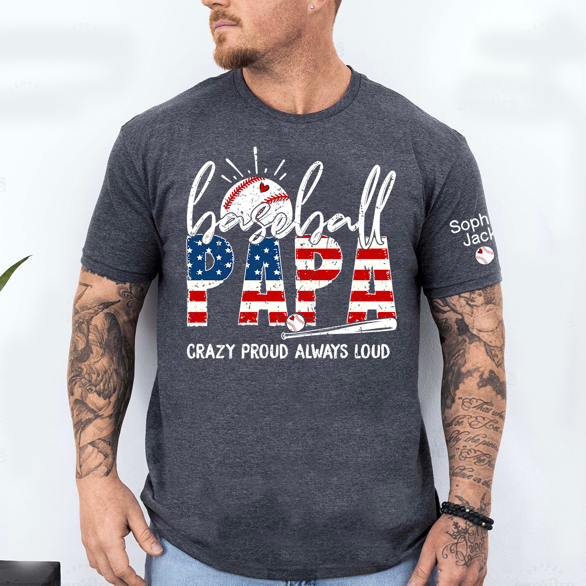 Personalized Baseball Papa Shirt, Crazy Proud Always Loud Grandpa T Shirt, Custom Kids Names Sleeve