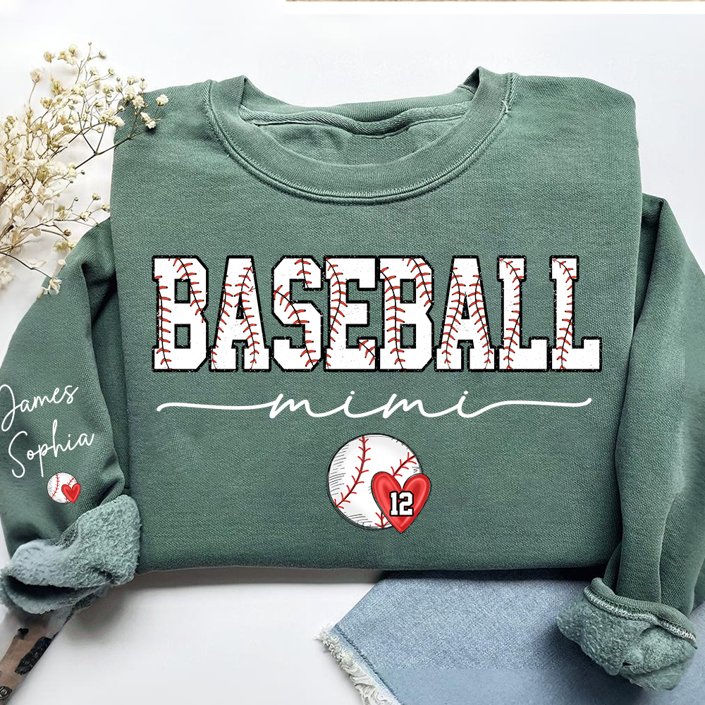 Personalized Baseball Mimi Sweatshirt With Grandkids Names and Number, Custom Sports Grandma Pullover Sweatshirt
