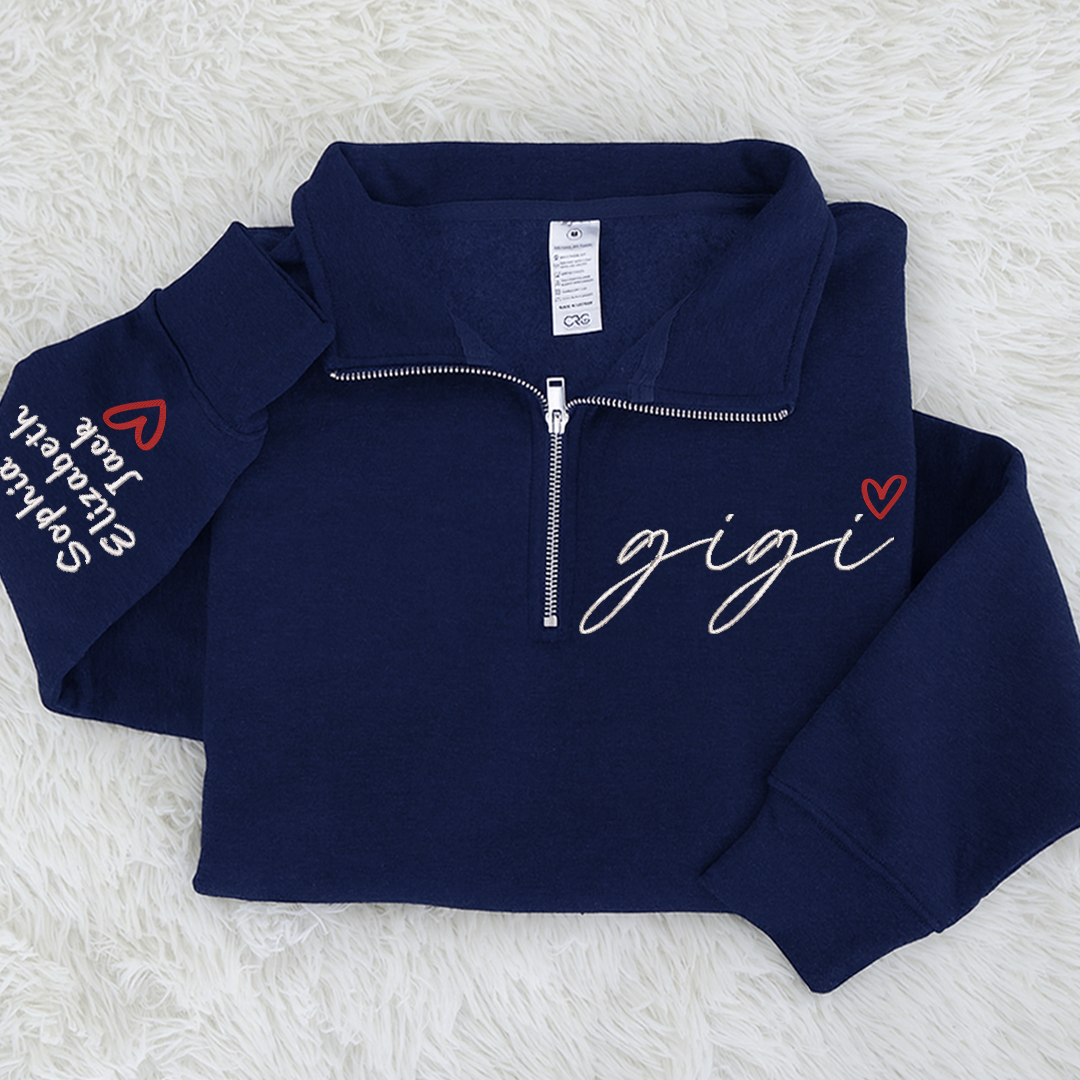 Personalized Hand Embroidered Gigi Est Sweater, Gift for Grandma and Kids Quarter Zip Sweater