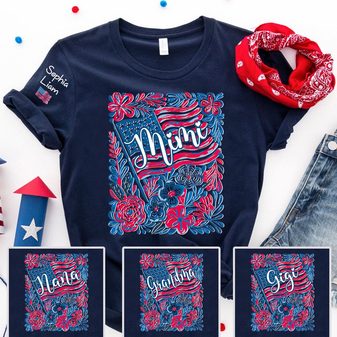 Personalized Mimi Shirt with Kids Names Patriotic Floral Design USA Flag Custom Family Tee