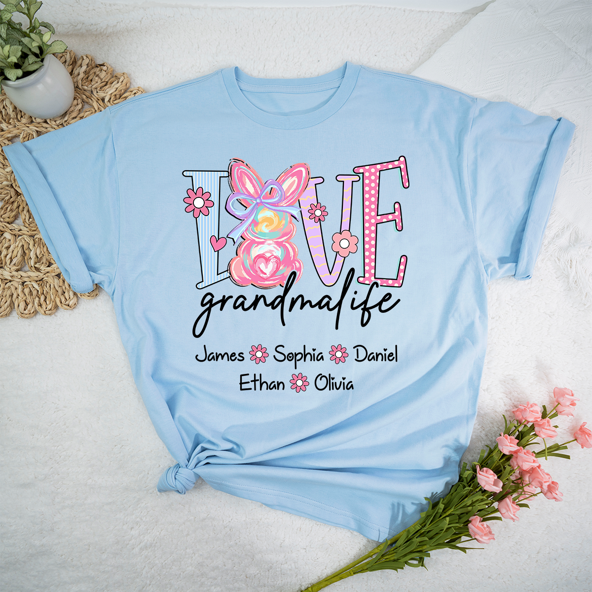 Grandma Life Shirt Love Design, Personalized Bunny Floral Grandma Tee