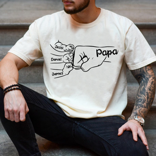 Custom Papa T-Shirt with Fist Bump Graphic – Personalized Father Gift Featuring Children’s Names