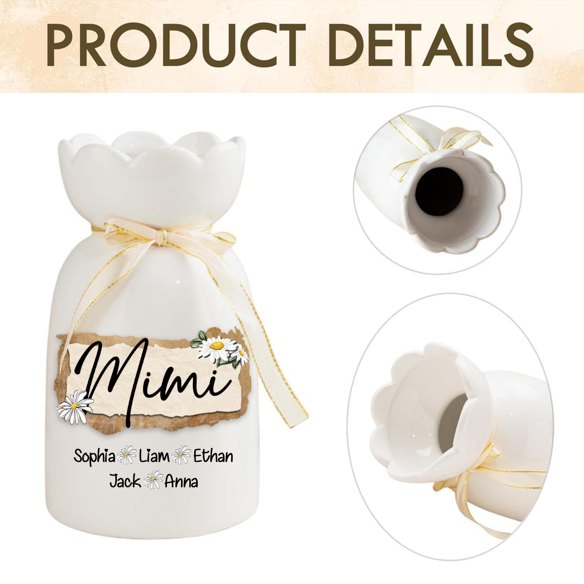 Personalized Mimi Flower Vase with Grandkids' Names, Custom Ceramic Vase, Perfect Gift for Mimi