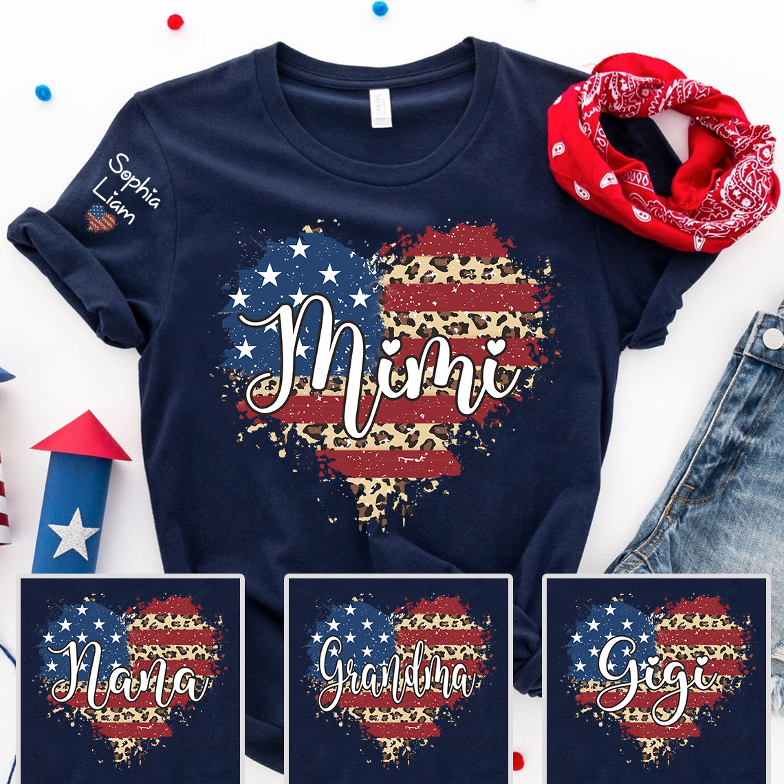 Personalized Mimi Shirt with Kids Names American Flag Heart Leopard Print Custom Grandma Mimi Tee Patriotic Family Shirt for Women