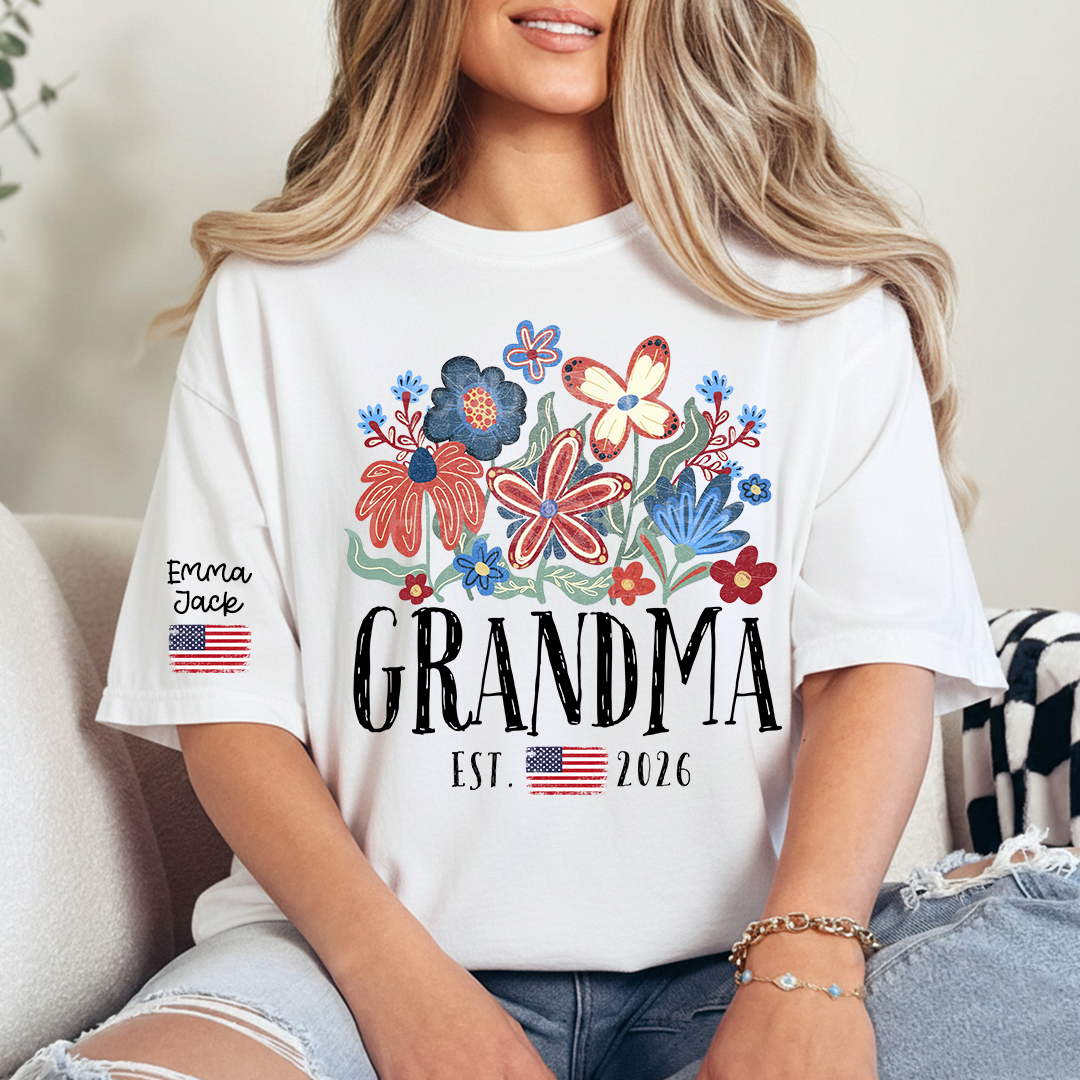 Personalized Flag America Grandma Floral Shirt with Custom Grandkids Names, Colorful Flower Design