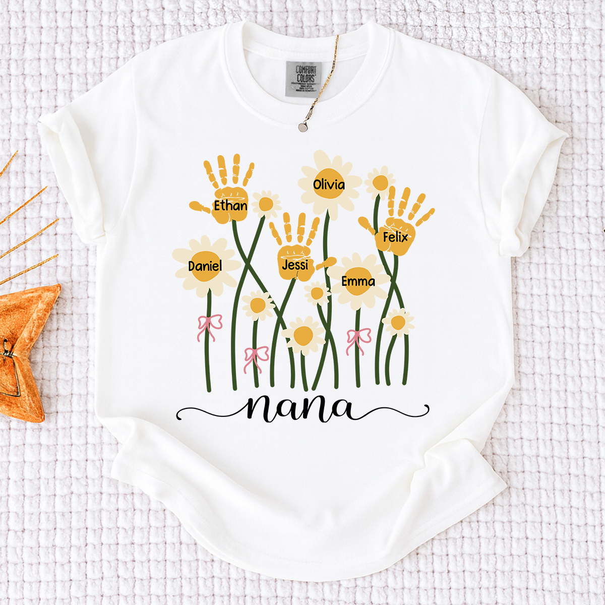 Comfort Colors Personalized Nana Shirt, Custom Handprint Daisy Flower Design, Grandkids Names Tee, Mother's Day Gift for Nana