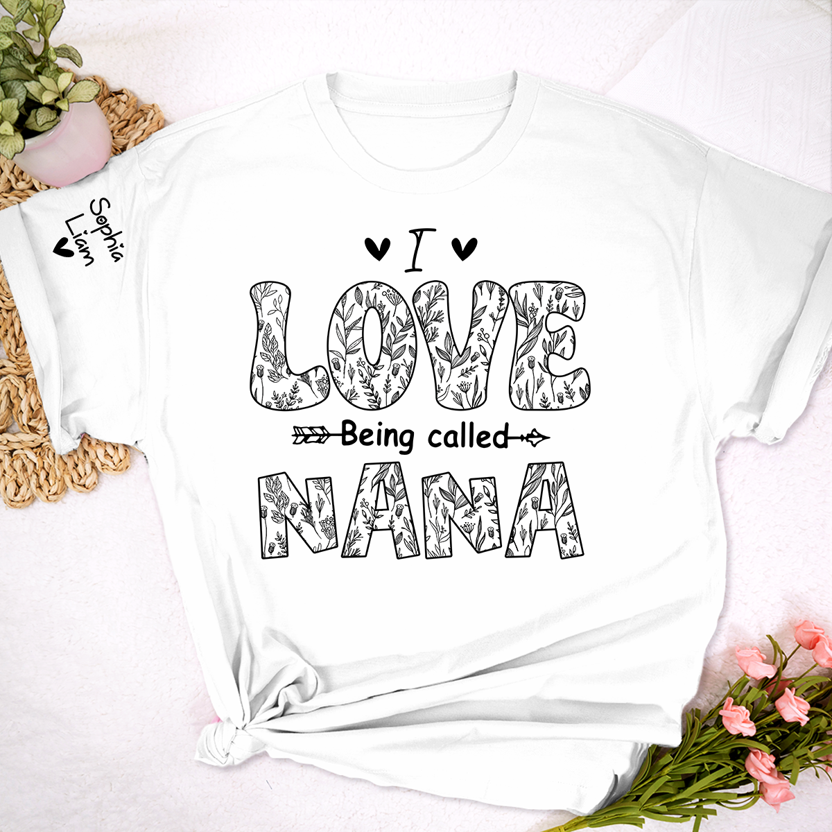 I Love Being Called Nana Shirt, Personalized Nana T Shirt with Kids Names on Sleeve, Cute Grandma Gift, Mothers Day Apparel