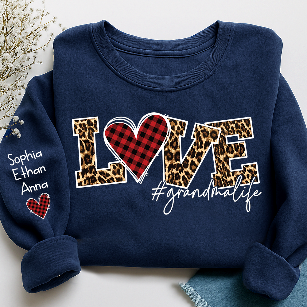 Grandma Sweatshirt Personalized with Names, Love Leopard Print Heart, Cozy Family Crewneck for Grandma