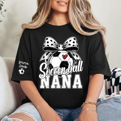 Soccer Nana Shirt Personalized with Grandkids Names, Soccer Ball Bow Family T Shirt